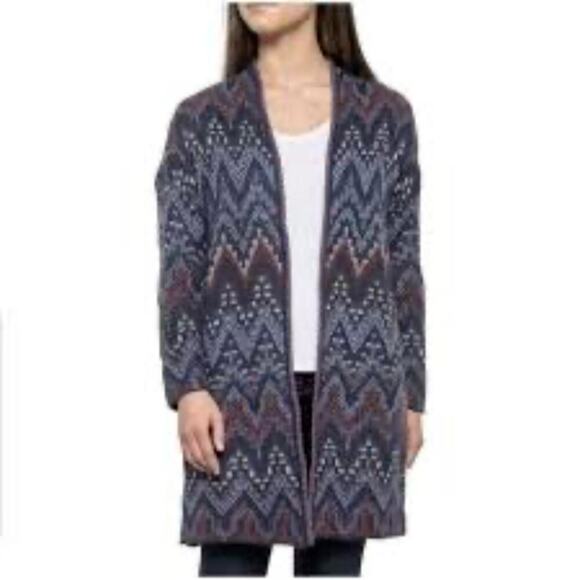Lucky Brand Open Cardigan Knit Sweater L Wool Blend Aztec Chevron Print Blue - Picture 1 of 7